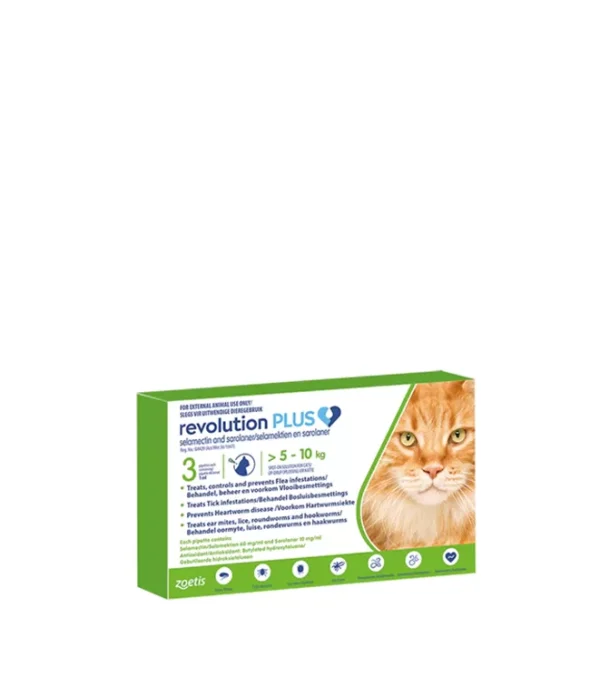 Revolution Plus Cat Tick, Flea and Worm Spot-On Treatment - Green - 5kg-10kg Pack of 3's