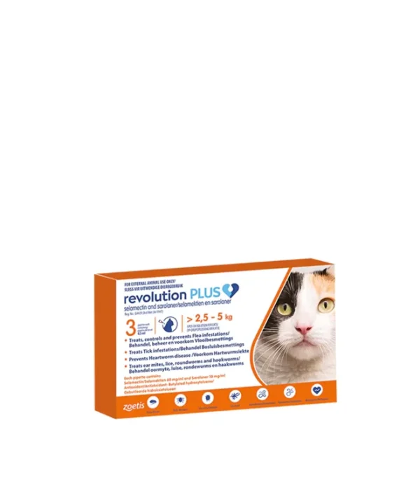 Revolution Plus Cat Tick, Flea and Worm Spot-On Treatment 2.5kg-5kg Orange Pack of 3's