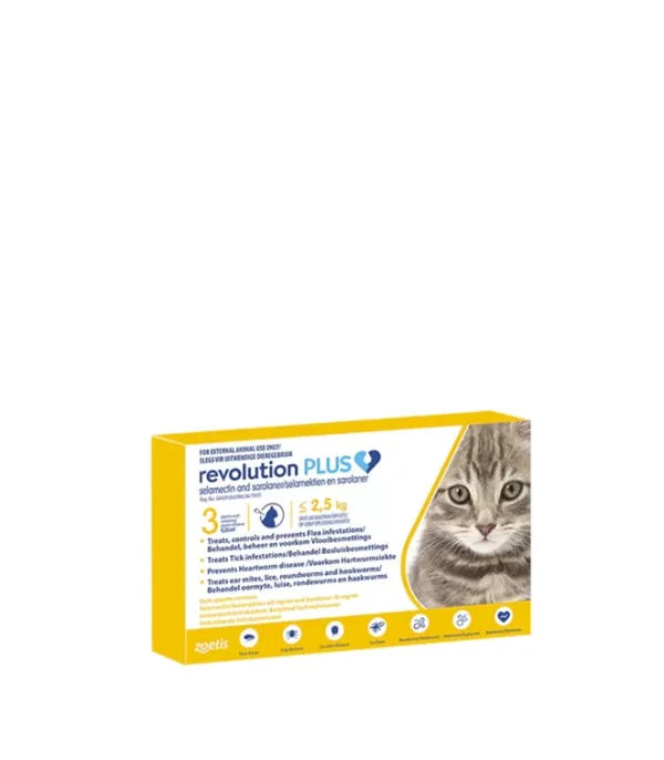 Revolution Plus Cat Tick, Flea and Worm Spot-On Treatment - up to 2.5kg Yellow Pack of 3's